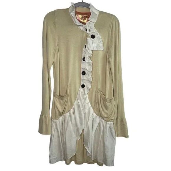 Knitted Dove Anthropologie Long Cardigan Sweater Ruffles Button up Burgundy M - Picture 8 of 8